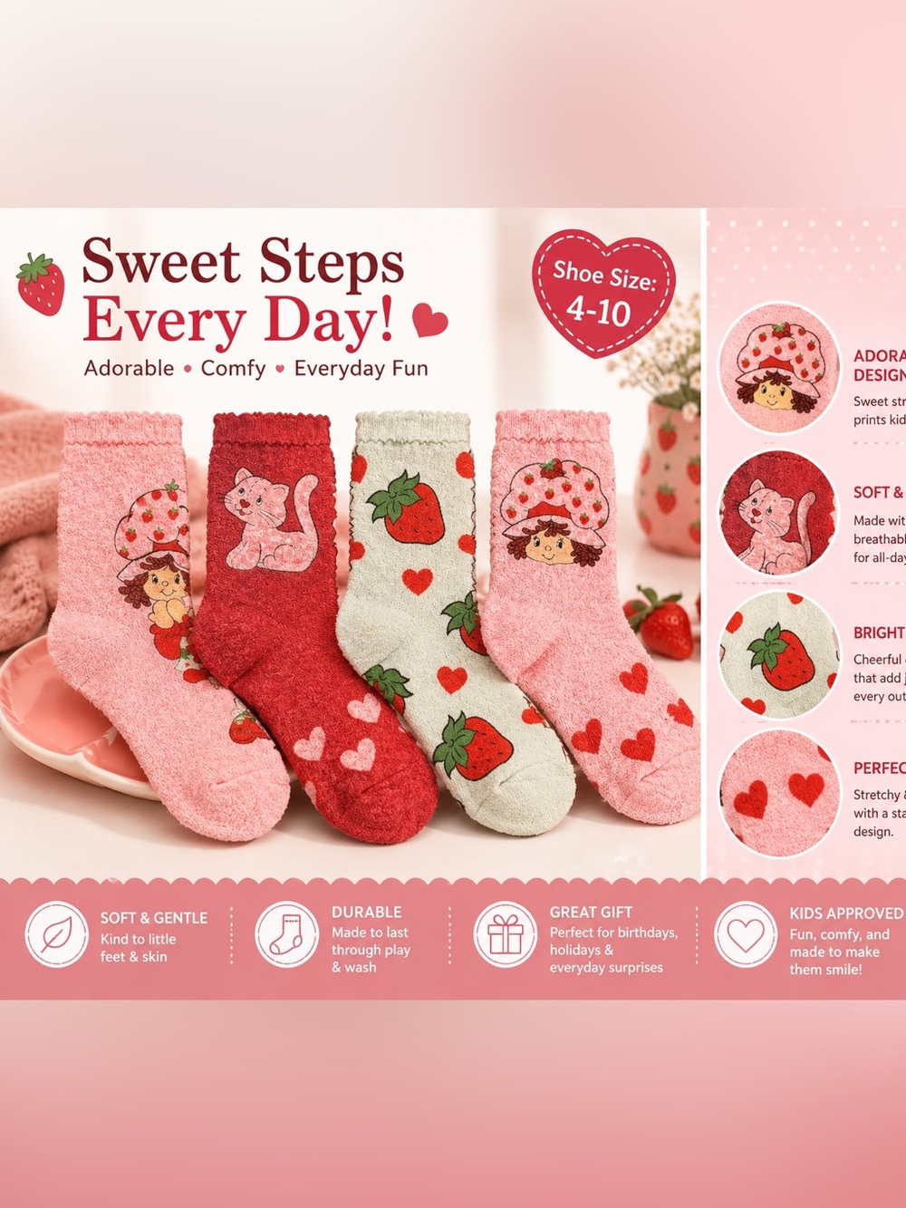 🩷 6051. .🟰 Strawberry Shortcake Cozy Crew Socks Set | Cute for Women & Teens |